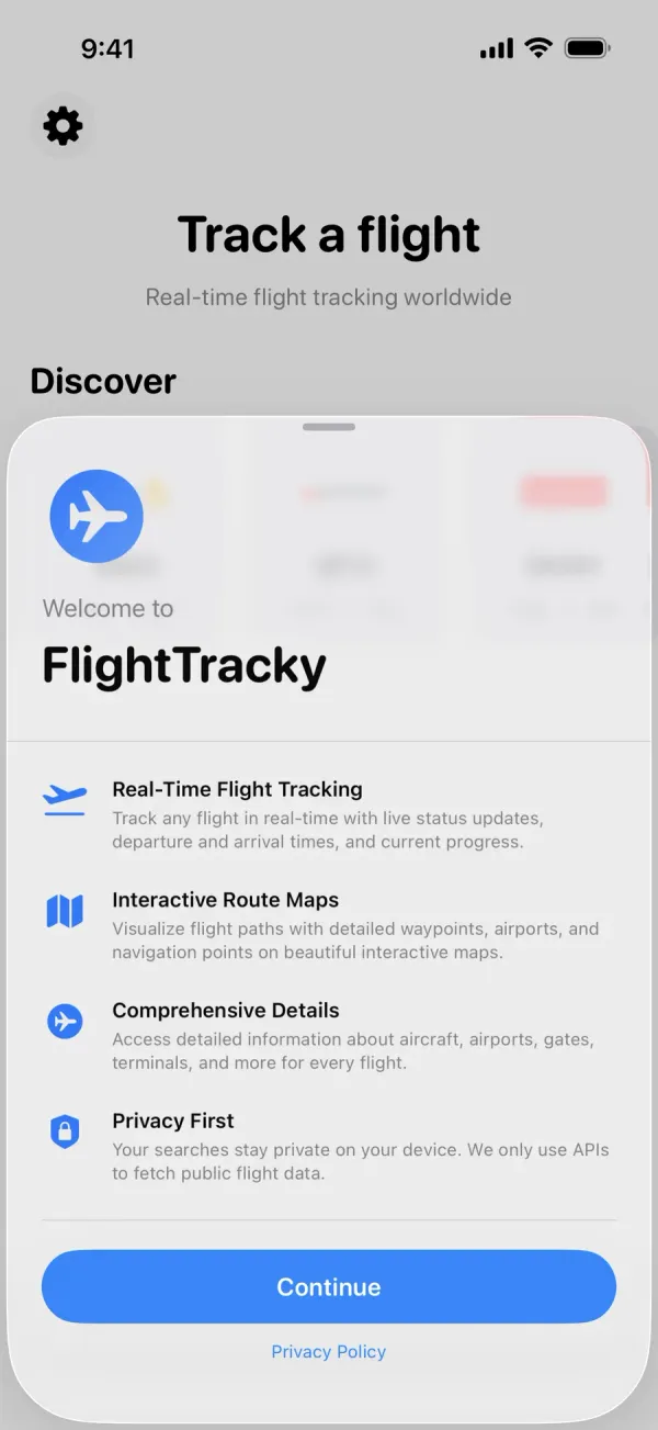 FlightTracky onboarding screen