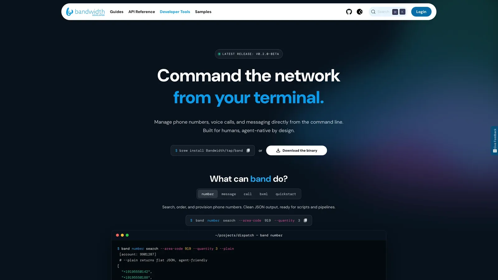 The Bandwidth CLI documentation page on dev.bandwidth.com